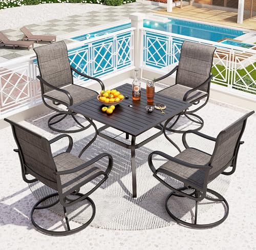 PHI VILLA 5 Piece Patio Dining Set with 4 Padded Outdoor Swivel Dining Chairs and 37"x 37" Metal Steel Dining Table with Umbrella Hole, Outdoor Dining Table and Chairs Set for Deck Pool Lawn - color: Brown Padded Fabric, size: 37"L x 37"W x 28"H-Metal-5 P