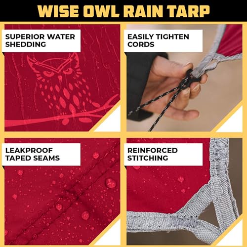 Wise Owl Outfitters Hammock Rain Fly – Waterproof Camping Tarp Cover with Tent Stakes & Carry Bag, Ultralight Shelter for Backpacking & Outdoor Shade - color: Crimson Red, size: Standard (26 oz)