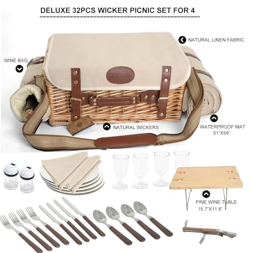 Multifunctional Wicker Picnic Basket Set for 4 with Blanket and Picnic Table, Insulated Picnic Set with Full Tablewares for Camping Outdoor Couples,Natural - color: Natural With Blanket &Table for 4
