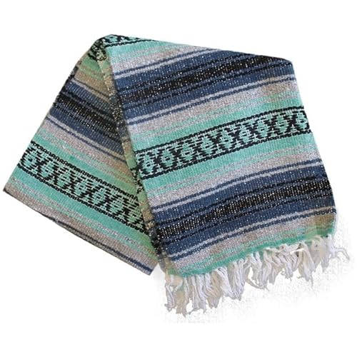 Del Mex Classic Mexican Blanket, Large Authentic Woven Falsa Throw (70"x50"), Artisan Southwest Décor for Beach, Yoga, Outdoors (Navy/Mint) - color: Navy/Mint