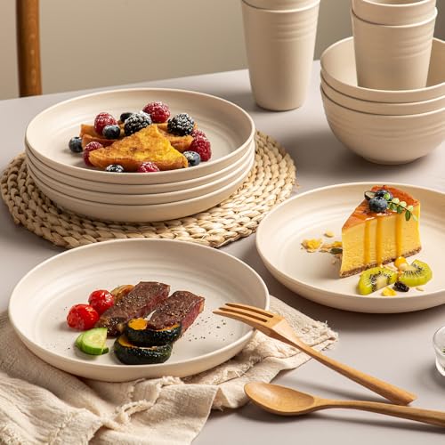 18PCS Wheat Straw Dinnerware Sets Kitchen Dinnerware Set Unbreakable Cups Plates and Bowls Set Lightweight Dish Set Microwave and Dishwasher Safe Dishes