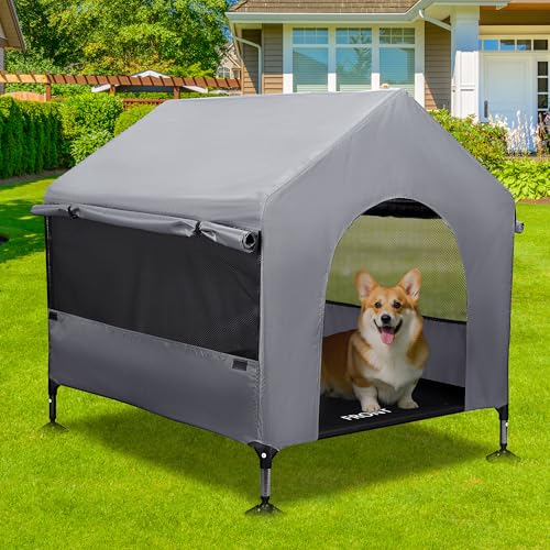 Summertrail 36" Large Dog House Outdoor Indoor with Breathable Mesh Windows-Elevated Dog Bed Cot Dog Tent Shade Shelter for Large Breeds with Canopy, Weatherproof Dog Kennel for Outside, Easy Clean - style: 36" Grey