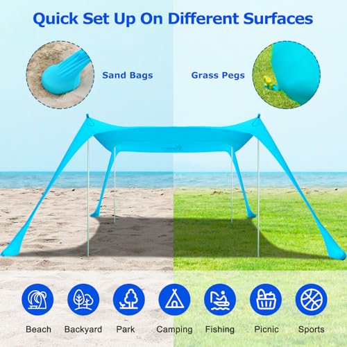 COMMOUDS Beach Tent Sun Shelter - UPF50+ Pop Up Beach Canopy with Sandbags & Sand Shovel & Windproof Poles, Portable Sun Shade for Beach, Camping, Picnics, Backyard - color: Sky Blue, size: 10 x 10 FT 4 Pole
