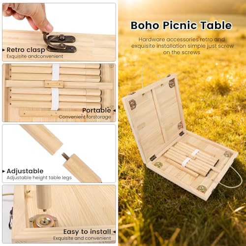 44" x 22" Boho Low Picnic Table, Portable Beach Table with Tablecloth and Adjustable Legs, Solid Wood Foldable, Indoor Outdoor for Beach Camping BBQ Wedding Party Family Gatherings