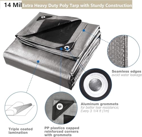 Waterproof Tarp 12 X 24 Ft Heavy Duty 14mil Extra Thickness, Aluminum Grommets, Silver Black Poly Tarp, Tarpaulin Ground Sheet Camping Tent Cover