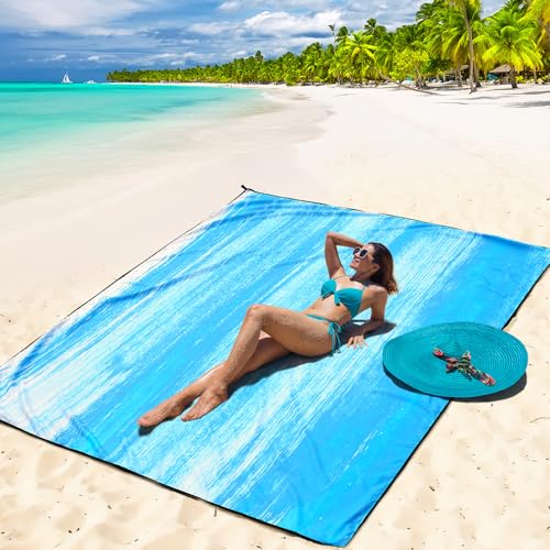 WIWIGO Beach Blanket Waterproof Sandproof Beach Mat 79" X 83"/10'x9'for 2-8 Adults Quick Drying Outdoor Picnic Mat Beach Accessories for Travel, Camping, Hiking - color: Blue-green Tinted Gradation, size: 79" X 83"（1-4person）