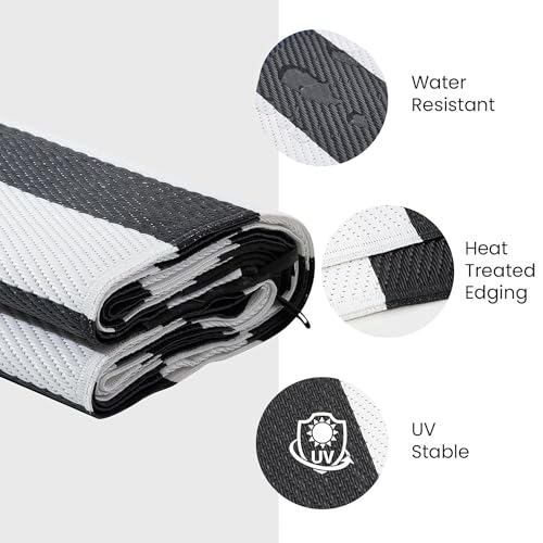 Outdoor Rug Waterproof 5 x 8 ft, Reversible Plastic Straw Rug for Patio, Large Outdoor Carpet for RV, Patio, Camping, Backyard, Deck, Picnic, Beach, Black & White - color: Black/White, size: 5'x8'