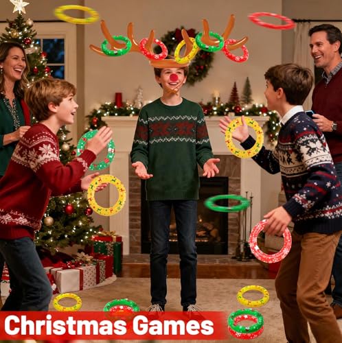 Christmas Games Gifts for Kids Teen Adults, Inflatable Reindeer Antler Ring Toss Game, Office Party Favors Supplies, Indoor Outdoor Carnival Holiday Family Party Toys