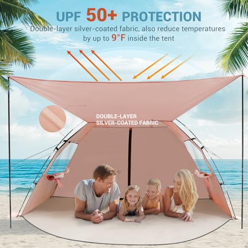 Elegear CumbreX™ Beach Tent Sun Shelter with Canopy, 4-5 Person Pop Up Beach Tent, Easy Setup UPF 50+ UV Protection Portable Lightweight Double Silver Coating Beach Cabana Sun Shade Shelter - Orange - color: Orange, size: 4-5 Person