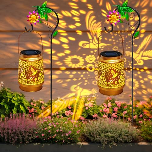 2 Packs Solar Lanterns Outdoor Waterproof with Shepherd Hook,Hummingbird Hanging Solar Lights Garden Decor,Christmas Decorations Birthday Gifts for Women Mom,Metal Bird Decorative for Yard,Patio,Lawn - style: 2 packs solar hummingbird sunflower lanterns