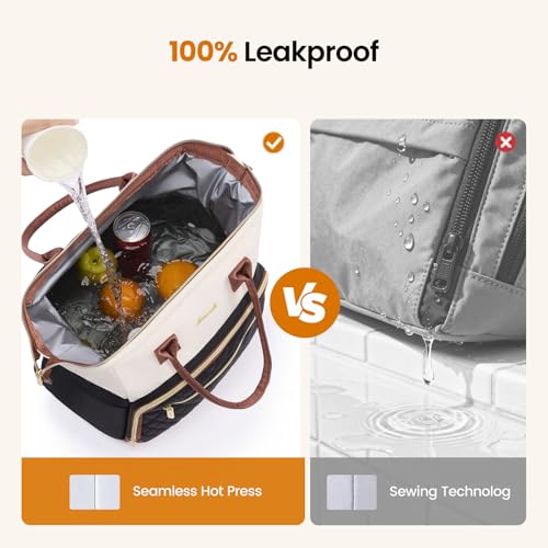 LOVEVOOK Lunch Bag Women, Insulated Adult Lunch Box for Women Work, Wide Opening Leakproof Cooler Tote Bag for Office Campus Picnic Beach with Shoulder Strap, Loncheras Para Mujer with Cup Holder - color: Black-White-Brown, size: Large—16l