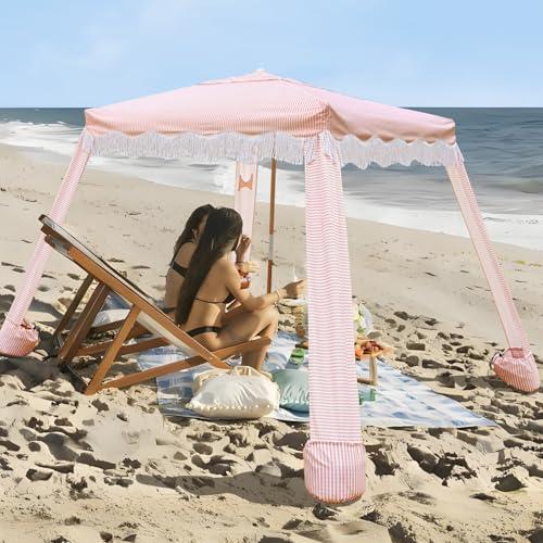 AMMSUN Beach Cabana with Fringe, 7' x 7' Boho Beach Canopy with Tassels, Easy Set up & Premium Wood Pole, Cabana Tent with Sand Pockets, Instant Sun Shade for Sand, Garden, Patio, Pink Stripes - color: Pink Stripes