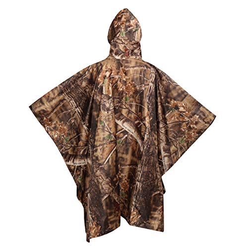 AUSCAMOTEK Camouflage Rain Poncho Hooded Waterproof Camo Raincoat with Blind Pattern for Hunting Hiking Camping Fishing - color: Woodland-brown