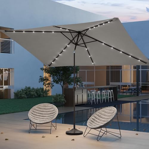 Rectangle Patio Umbrella with Solar Lights, 10 x 6.5ft Rectangular Outdoor Umbrella Table Market Patio Umbrella with Push Button Tilt and Crank for Garden, Deck, Backyard, Pool - color: Senior Ash