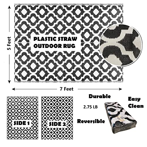 Outdoor Rug - 5x7 Black, Reversible Recycled Plastic Straw Outdoor Patio Rugs Clearance Waterproof Large RV Camper Mats 507 - color: Black, White, size: 5' x 7' (Rectangular)