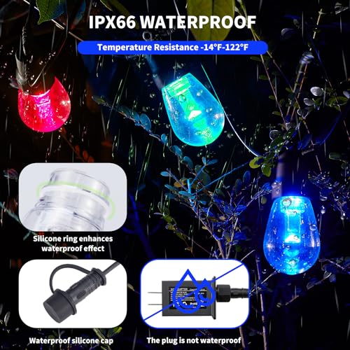 CAWWS Outdoor String Lights 100FT (2×50FT), Patio Lights with 40 Dimmable RGBW LED Bulbs, IP66 Waterproof & Shatterproof, APP & Remote Control, 24V Adapter, Color Changing Lights for Backyard Décor - size: 100ft