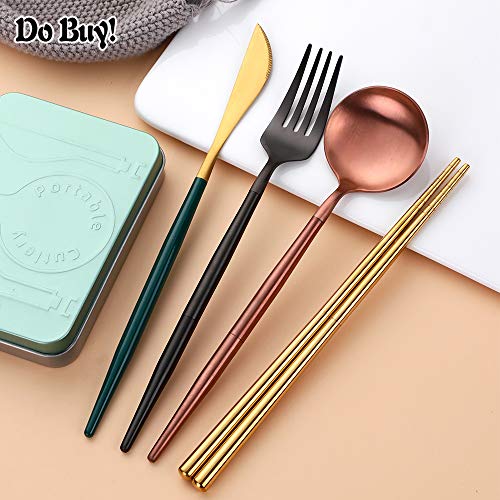 Portable & Reusable Stainless Steel Travel Cutlery Set，Folding Utensil Set with Case ，for Camping, Picnic, Office and On-The-Go (Pocket Sized Flatware Set) (Black) (Gold Green)
