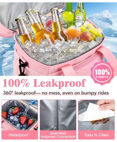 Insulated Lunch Bag for Women, Double Leakproof Lunch Box Soft Cooler Tote with 5 Pockets, 600D Oxford, EVA Lining, Adjustable Strap for Work, Picnic, Beach&Travel-Pink - color: Pink, size: Double