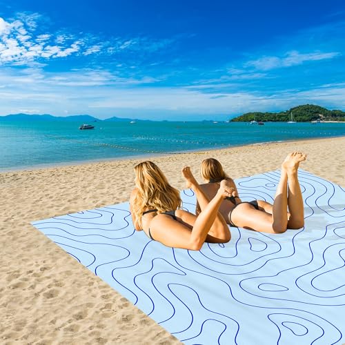 110''×118'' Beach Blanket for 2-8 Adults, Polyester Waterproof Sandproof Beach Mat with 4 Stakes & Storage Bag, Oversized Compact Foldable Blue Outdoor Pocket Blanket for Picnic, Travel, Camping - color: Blue Terrain, size: 9x10 FT (1～8 person)
