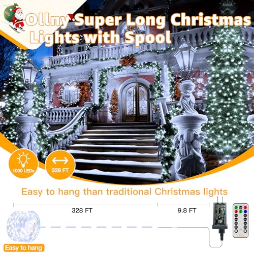 Ollny Outdoor Christmas Lights 1000LED 328FT, Cool White Fairy Lights IP67 Waterproof, Plug in String Light with Remote 8 Modes Timer, Xmas Light for Outside Indoor House Tree Decorations - color: Cool White, size: 1000 LEDs