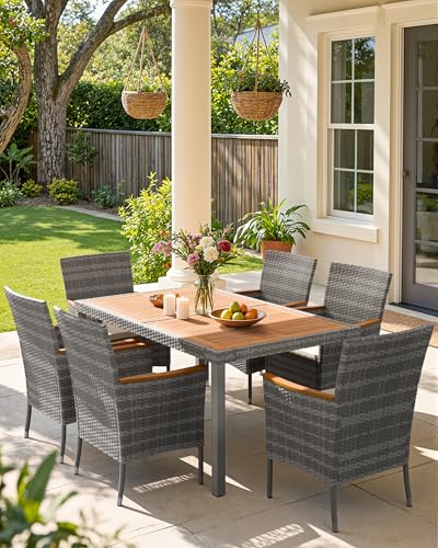 Flamaker 7 Piece Patio Dining Set Outdoor Acacia Wood Table and Chairs with Soft Cushions Wicker Patio Furniture for Deck, Backyard, Garden (Grey) - color: Grey, size: 7 Piece