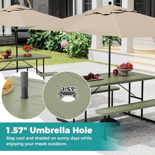 Giantex Picnic Table Bench Set for 4 People, 4.5FT Outdoor Rectangular Dining Table & 2 Benches w/Umbrella Hole, HDPE Tabletop, Metal Frame, Patio Garden Backyard Poolside, Green - color: Green, size: Rectangle-54"x28"x30"
