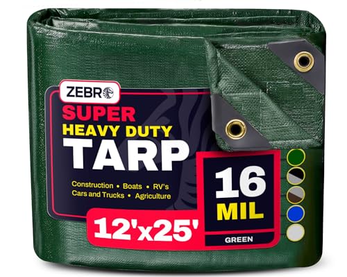 12' x 25' Green Heavy Duty Tarp with Grommets Reinforced - 16 Mil Thick - Double Sided Plastic Tarps Waterproof - Large Tarpaulin Cover for Outdoor Camping Over/Under Tent Tarp RV Roof Rain - Zebro - color: Green, size: 12' x 25'