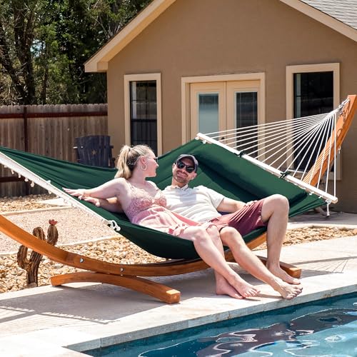 SUNCREAT 2 Person Hammocks for Outside with Stand, Extra Large Double Hammock with Wooden Stand, Dark Green - color: 02-dark Green