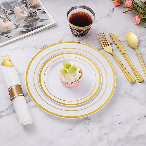 Goodluck 350 Piece Gold Plastic Dinnerware Set for 50 Guests, Fancy Disposable Plates for Party, Include: 50 Dinner Plates, 50 Dessert Plates, 50 Pre Rolled Napkins with Silverware, 50 Cups - color: Gold, style: 350 Piece (50 guests)