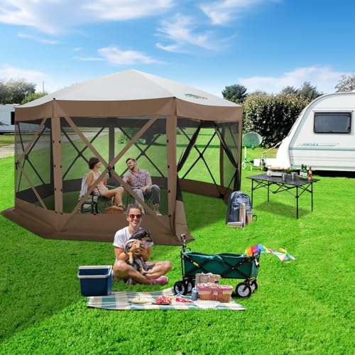 COBIZI 15x15 FT Pop Up Gazebo - Canopy Tent, Large Gazebos On Clearance with Sidewalls, Screened in Gazebo,carpas para Patio,Portable Screen Tents for 12-15 Persons Outdoor Camping, Backyard,Brown - color: Brown, size: 15x15ft Essential Gazebo
