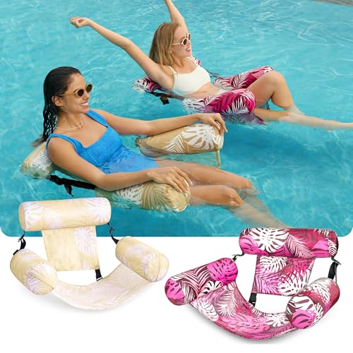 SLOOSH Inflatable Pool Floats Adult,2 Packs Floating Lounge Chairs,Blow up Pool Noodles for Adult Heavy Duty,Floating Chair for Party Summer Water Beach Lake Fun - style: Tropical Leaves-Champagne, Pink