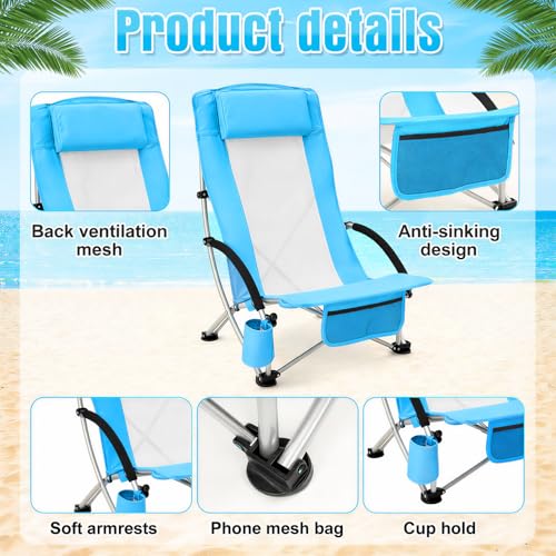 Colingmill 4 Pcs Low Beach Chair with Umbrella Camping Chair Backpack Folding Recliner Mesh Back with Headrest Cup Holder Carry Bag for Summer Tent Picnics Outdoor Travel Barbecues (Sky Blue) - color: Sky Blue
