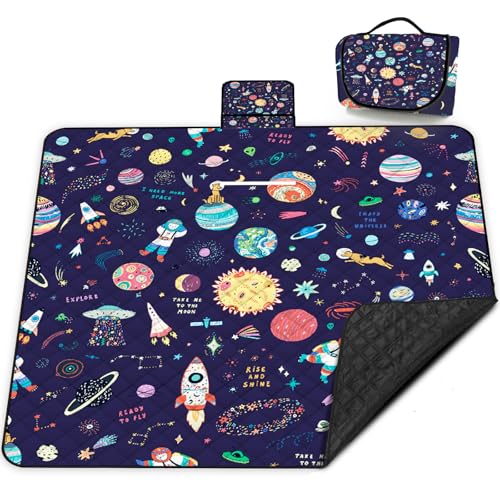 Extra Large Picnic Blanket Waterproof,80"x 80"Foldable Machine Washable Beach Blanket,Outdoor Blanket for 6-8 Adults,Suitable for Indoor Crawling,Park Beach,Camping,Hiking,Family Travel(Starry sky) - color: Blue Cosmic, size: 6'8" x 6'8" (Square)