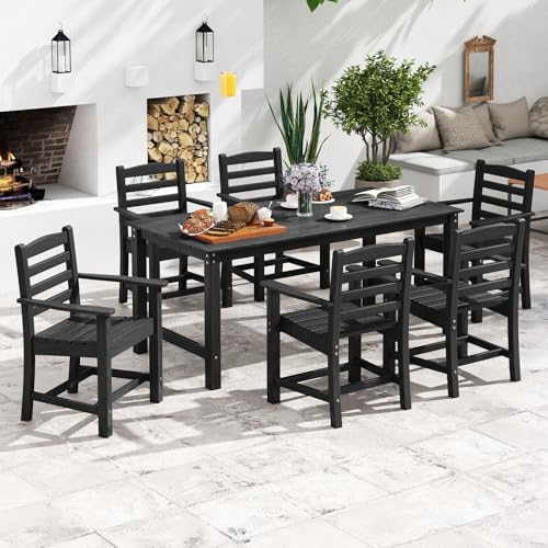 Tangkula 7 Pcs Outdoor Dining Table Set for 6, 67” HDPE Weather-Resistant Patio Rectangle Table & 6 Armchairs w/Curved Seat, Umbrella Hole, Wood Grain, Plastic Dining Furniture (Black, 7 Pcs) - color: Black, size: 7 Pcs