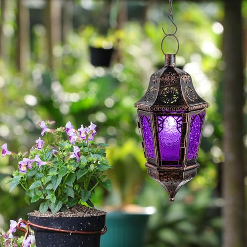 Moroccan Decorations Indoor, 13.6’’ Lantern Decorative Outdoor, Halloween Style Hanging Lantern with Chian for Home Porch Patio Decor, Vintage Metal Christmas Ramadan Candle Holders(Purple) - color: Purple