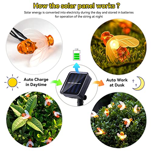 ITICdecor Solar Bee String Lights Outdoor Waterproof 50 LEDs 8 Modes Honeybee Fairy Lights for Patio Garden Fence Yard Wedding Christmas Tree Decor - color: Warm White, size: 50 Led