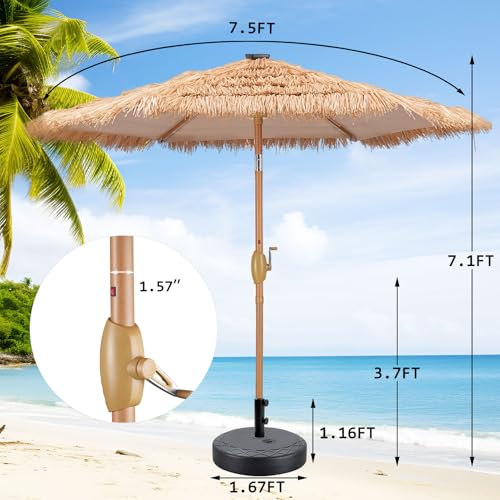 GDY 7.5ft Tiki Patio Umbrella and Matching Base, Outdoor Table Umbrella with 18 LED Lights, Market Umbrellas for Garden, Beach, Deck, Backyard & Pool - color: Thatch+18 Lights, size: Umbrella+Base