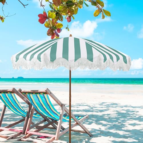 Rayjee 6.5FT Patio & Beach Umbrella with Fringe, Outdoor Sun Umbrella with Tilt & Adjustable Height, Aluminum Pole Market Umbrella for Garden, Deck, Pool & Beach - color: Green and white stripes