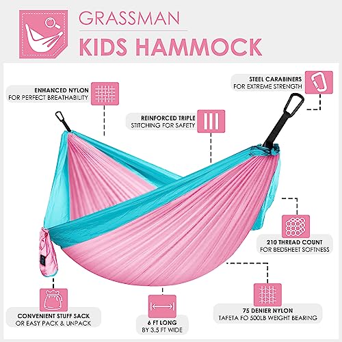 GRASSMAN Kids Hammock-Small Camping hammocks, Portable Camping Gear for Child Indoor/Outdoor use, with Tree Straps & Carabiners Pink & Blue - color: Pink & Blue, size: one pack