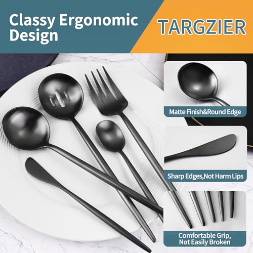 5-Piece Matte Black Stainless Steel Serving Utensils Set - Large and Slotted Spoons, Fork, Sugar Spoon, Butter Knife - Dishwasher Safe - color: Black