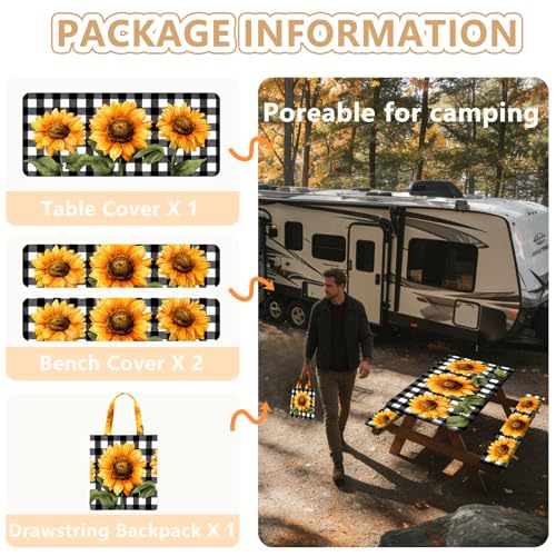 Picnic Table Cover with Bench Covers Elastic Edges, Outdoor Patio Camping Essentials 72 Inch 3PCS, Waterproof Camping Fitted Tablecloth with Handbags (Sunflower buffalo plaid) - color: Black checkered sunflowers