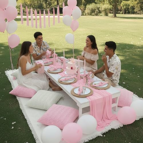 Beeveer 91 x 71 Extra Large Outdoor Boho Picnic Blanket with Pink Table Runner, 6 Throw Pillow Covers 6 Napkins Woven Cotton Yarn Oversize Beach Blanket Washable Picnic Camp Wedding - color: Pink
