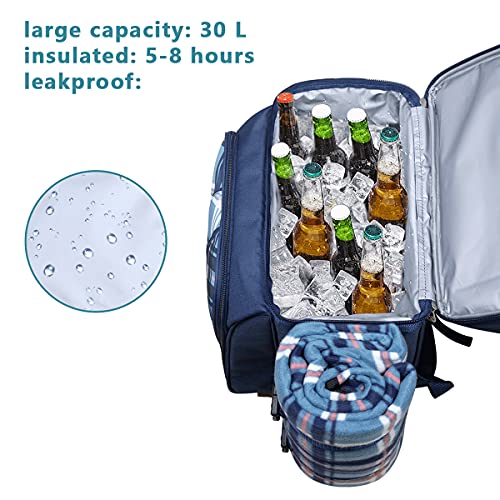 Hap Tim Picnic Basket Backpack for 2 Person with 2 Insulated Cooler Compartment, Wine Holder, Fleece Blanket, Cutlery Set, Gifts Ideals for Wedding, Housewarming, White Elephant, Bridal Showers - color: Blue, size: 2 Person
