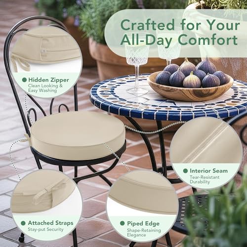 Summsun Outdoor Bistro Chair Cushions Set of 2, 15" D x 3" H Round Chair Cushions Waterproof and Fade Resistant Chair Cushion Pads with Non-Slip Ties and Removable Covers for Garden, Cream - color: Beige, size: 15x3 Inch (Round)-2p