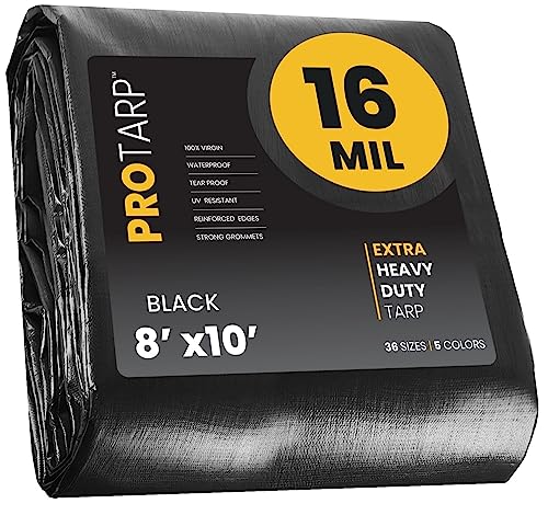 Extra Heavy Duty 16 Mil Tarp Cover, Waterproof, UV Resistant, Rip and Tear Proof, Poly Tarpaulin with Reinforced Edges for Roof, Camping, Patio, Pool, Boat. (Black 8′ X 10′) - color: Black-16 Mil, size: 8′ X 10′
