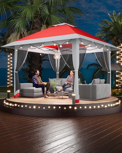 13X13 Pop Up Gazebo,Outdoor Canopy Tent with Mosquito Netting, Double Vented Roof Sun Shelter with Adjustable Heights,Outdoor Gazebo for Backyard & Patio Furniture.（Red+light gray-four sides Gazebos）. - color: Red+light gray