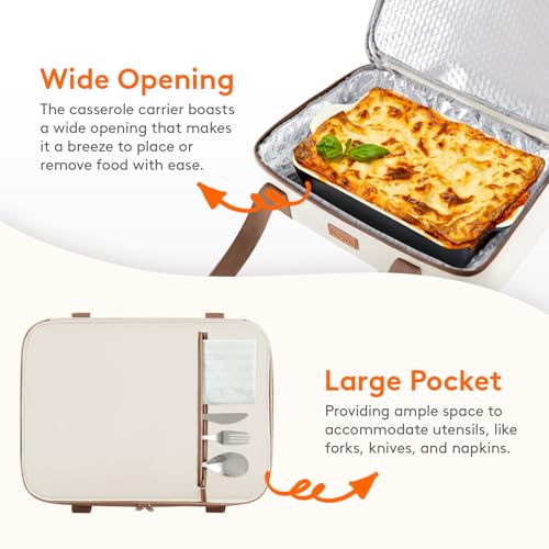 Lifewit Insulated Double Decker Casserole Carrier, Expandable Lasagna Lugger Tote Bag for Hot or Cold Food, Fits 9" x 13" Baking Dish for Potluck Parties, Picnic and Cookouts, Cream - color: Cream