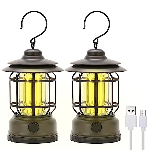 Rechargeable Portable LED Camping Lanterns, Vintage Style Tabletop Lantern, Stepless Dimming, Waterproof IP44 - Green, 2 Pack for Camping, Hanging Tent Light, and Power Outages - style: Green 2 Pack