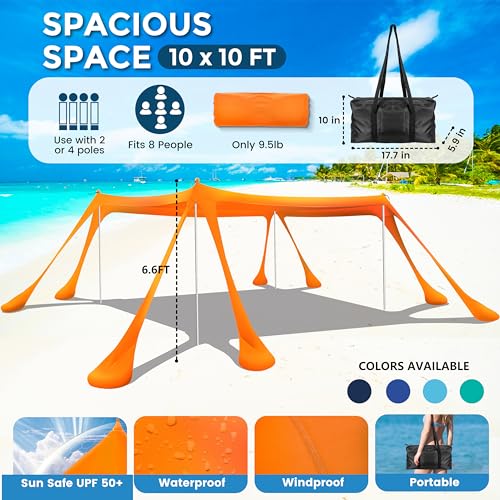Beach Canopy Beach Tent Pop Up Shade 10x10ft Sun Shelter UPF50+ with 8 Sandbags-2 Sand Shovel-4 Aluminum Poles-Ground Pegs-Portable Carrying Bag for Outdoor Family Camping Fishing Yard Picnic - color: Orange