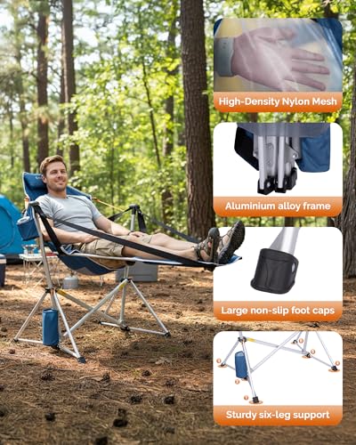KingCamp Hammock Chair with Footrest – Heavy Duty Swinging Rocking Camping Chairs for Adults up to 400lbs, Folding Portable Oversized Rocker with Cup Holder & Pillow for Outdoor Beach Lawn RV Sports - color: Footrest Deluxe Darkblue/Mesh